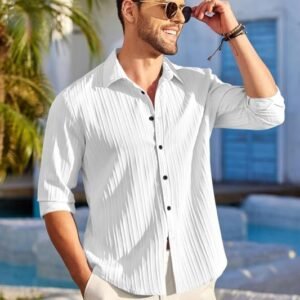 FINIVO FASHION Men's Casual Cotton Plain Button Down Shirt Long Sleeve Textured Summer Beach Shirt for Men