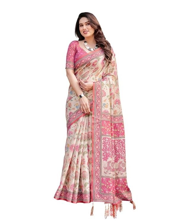 ALMAARI FASHION Handloom Cotton Floral Printed Saree with Tassels on Edges & Attached Blouse Piece | 5.5 Meter Saree + 0.8 Meter Blouse - Image 2