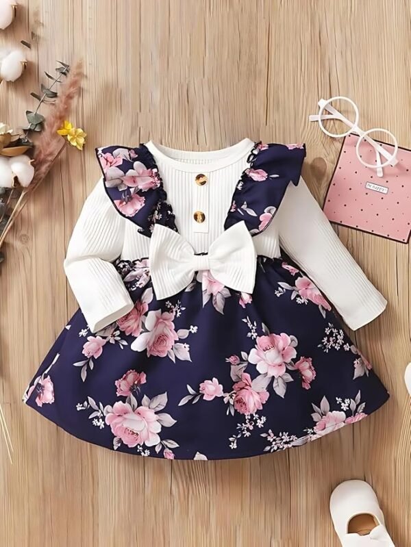 Buy & Try by Dharmikaay Girl's Lycra Floral Printed Frock Dress for Girls Short Frock Baby Princess Western Dresses| Stylish Fancy Kids Clothing for New Year, Fashion. - Image 3