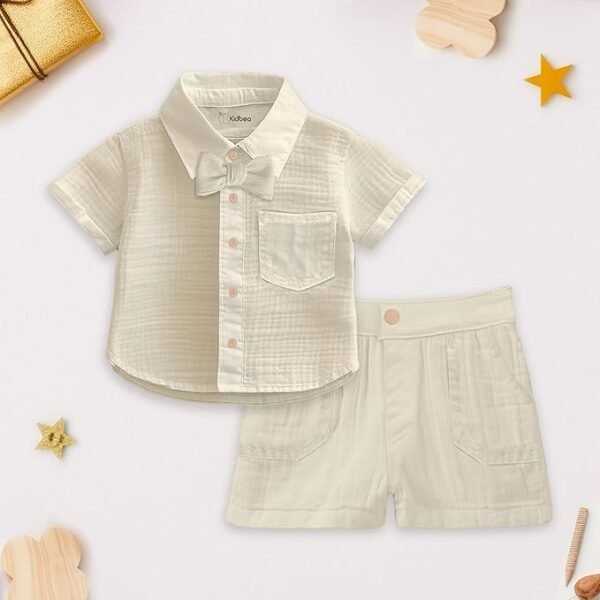 Kidbea® 100% Linen Shirt & Pant Co-ord Set for Kids | Elegant & Comfortable Summer Wear | Stylish Short-Sleeve Shirt with Bow & Comfy Shorts - Image 2