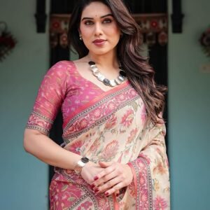 ALMAARI FASHION Handloom Cotton Floral Printed Saree with Tassels on Edges & Attached Blouse Piece | 5.5 Meter Saree + 0.8 Meter Blouse