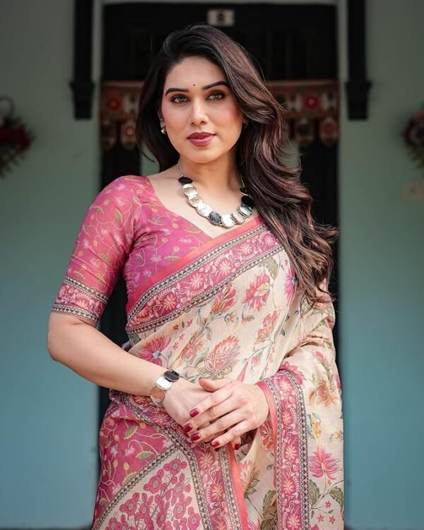 ALMAARI FASHION Handloom Cotton Floral Printed Saree with Tassels on Edges & Attached Blouse Piece | 5.5 Meter Saree + 0.8 Meter Blouse