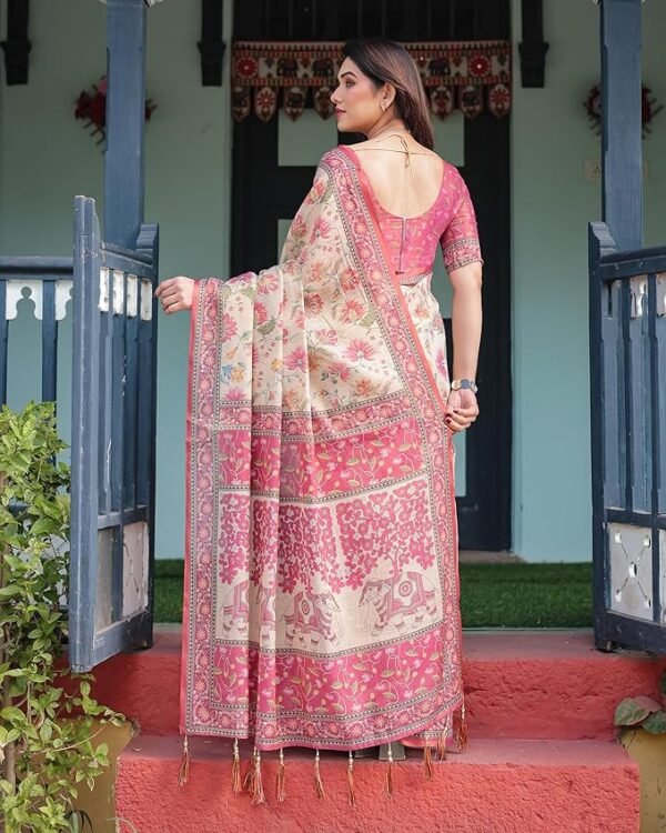 ALMAARI FASHION Handloom Cotton Floral Printed Saree with Tassels on Edges & Attached Blouse Piece | 5.5 Meter Saree + 0.8 Meter Blouse - Image 3