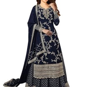 Miss Ethnik Women's Faux Georgette Semi-Stitched Top With Stitched Bottom and Dupatta Embroidered Straight Kurta Dress Material (Kurta Palazzo Set)