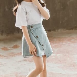 Stylishbaby Baby Girls Half Sleeves Text Print Top & Stylish Denim Skirt Set (6-7 Years, White)