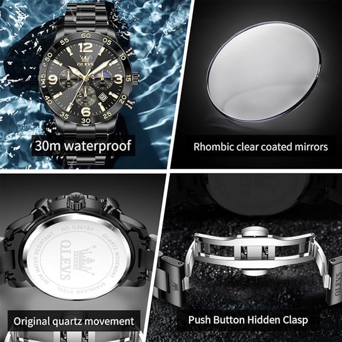 OLEVS Mens Watch Original Chronograph 44mm Big Dial Easy Read Analog Quartz Watch for Man Stainless Steel Waterproof Business Dress Watches - Image 5