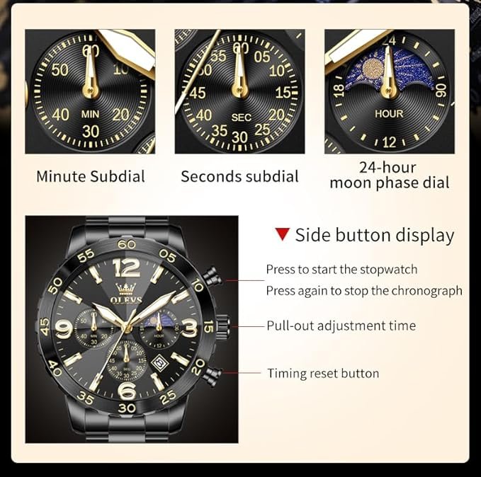 OLEVS Mens Watch Original Chronograph 44mm Big Dial Easy Read Analog Quartz Watch for Man Stainless Steel Waterproof Business Dress Watches - Image 4