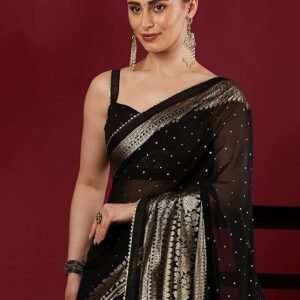 SAMAH Women's Georgette Foil Printed Lace Work Saree with Unstitched Blouse Piece