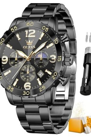OLEVS Mens Watch Original Chronograph 44mm Big Dial Easy Read Analog Quartz Watch for Man Stainless Steel Waterproof Business Dress Watches