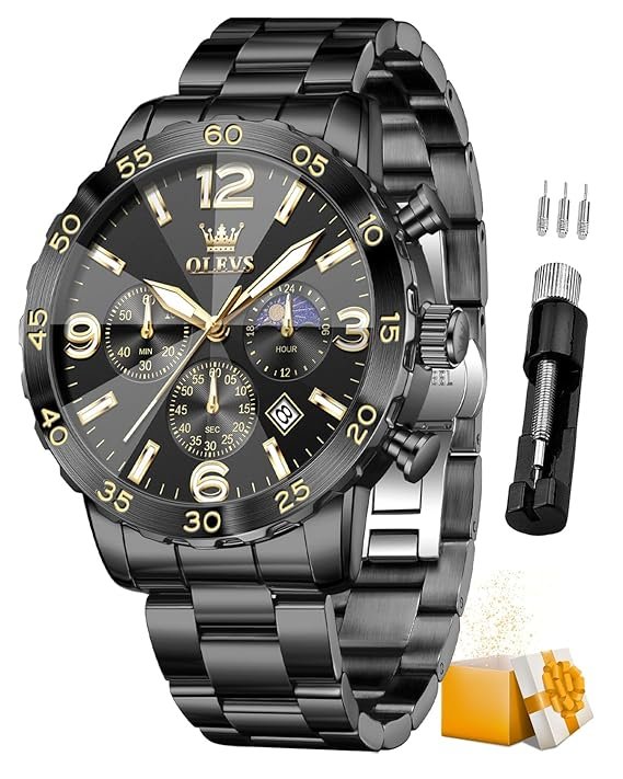 OLEVS Mens Watch Original Chronograph 44mm Big Dial Easy Read Analog Quartz Watch for Man Stainless Steel Waterproof Business Dress Watches