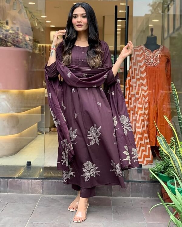 GoSriKi Women's Rayon Viscose Anarkali Printed Kurta with Pant & DupattaAbout this item Kurta and Bottom Fabric: Rayon Blend || Kurta Set Color :- Wine Style: Anarkali || Length: Calf Length || Sleeves: 3/4 Sleeves || Size Chart- Kurta-S-36 in, M-38 in , L-40 in , XL-42 in , XXL-44 in,Pant :- S-28 in, M-30 in , L-32 in, XL- 34 in , XXL- 36 in,For More Please refer to the size Chart below. This set includes: 1 Kurta and 1 Pant with Dupatta || Work :- Printed || Neck Style:- Round-Neck Colour Declaration : There might be slight variation in the actual color of the product due to different screen resolutions. Ocassion: Traditional wear, Casual Wear, party wear, evening wear,Please Click On Brand Name "GoSriKi" For More Products. Additional Information ManufacturerGoSriKi, Laxminarayan Industrial Estate, Udhna-394210.Surat PackerLaxminarayan Industrial Estate, Udhna-394210.Surat ImporterLaxminarayan Industrial Estate, Udhna-394210.Surat Item Weight350 g Item Dimensions LxWxH28 x 22 x 2 Centimeters Net Quantity1 Count Included ComponentsDupatta, Kurta, Pants Generic NameKurta with Pant & Dupatta - Image 4