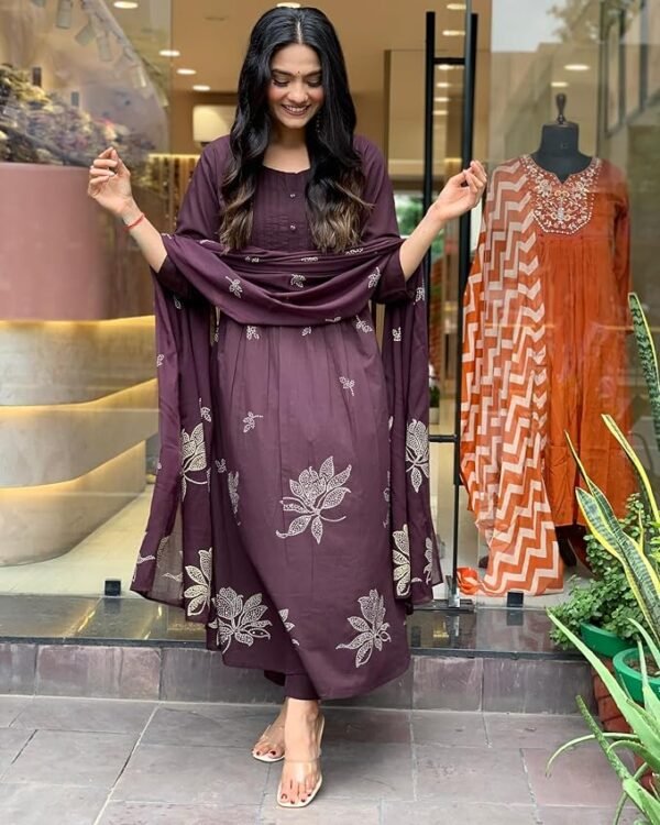 GoSriKi Women's Rayon Viscose Anarkali Printed Kurta with Pant & DupattaAbout this item Kurta and Bottom Fabric: Rayon Blend || Kurta Set Color :- Wine Style: Anarkali || Length: Calf Length || Sleeves: 3/4 Sleeves || Size Chart- Kurta-S-36 in, M-38 in , L-40 in , XL-42 in , XXL-44 in,Pant :- S-28 in, M-30 in , L-32 in, XL- 34 in , XXL- 36 in,For More Please refer to the size Chart below. This set includes: 1 Kurta and 1 Pant with Dupatta || Work :- Printed || Neck Style:- Round-Neck Colour Declaration : There might be slight variation in the actual color of the product due to different screen resolutions. Ocassion: Traditional wear, Casual Wear, party wear, evening wear,Please Click On Brand Name "GoSriKi" For More Products. Additional Information ManufacturerGoSriKi, Laxminarayan Industrial Estate, Udhna-394210.Surat PackerLaxminarayan Industrial Estate, Udhna-394210.Surat ImporterLaxminarayan Industrial Estate, Udhna-394210.Surat Item Weight350 g Item Dimensions LxWxH28 x 22 x 2 Centimeters Net Quantity1 Count Included ComponentsDupatta, Kurta, Pants Generic NameKurta with Pant & Dupatta - Image 2
