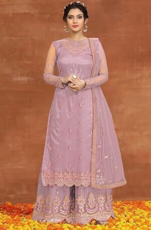 TRENDMALLS Women's Net Embroidery Salwar Suit Kurta Sharara Set with Dupatta Skyblue