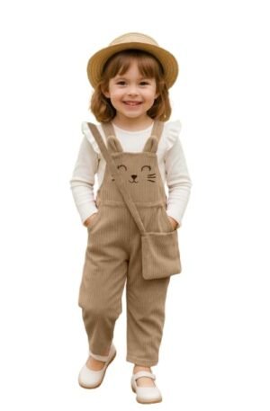 Ninas Baby Girls Solid Cotton Blend Style Top and Dungarees Set with Purse (White & Pink)