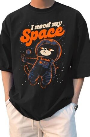 LEOTUDE Half Sleeve Oversized Cottonblend Round Neck Drop Shoulder Printed Men's T-Shirt (Color Black)