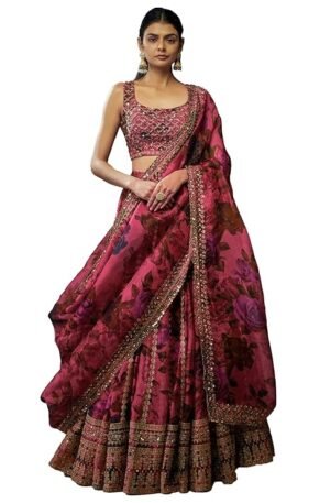 Pink Organza Zari Sequence Embroidery Work Semi-Sttiched Lehenga Choli Set For Women