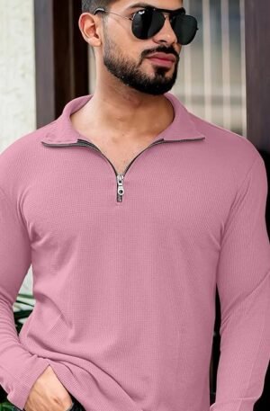 KAJARU Men's Polyester Blend T Shirt with Spread Collar Neck Line Zipper Closure Full Sleeves Solid Pattern Regular Fit and Standard Length
