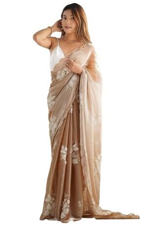 AKHILAM Women's Shimmer Organza Sequence Embroidery Saree With Unstitched Blouse Piece