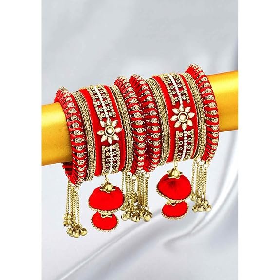 Peora Velvet Matching Kundan Floral Silk Thread Chura Bangle Set for Women Girls 2.6 inch Red - Image 2