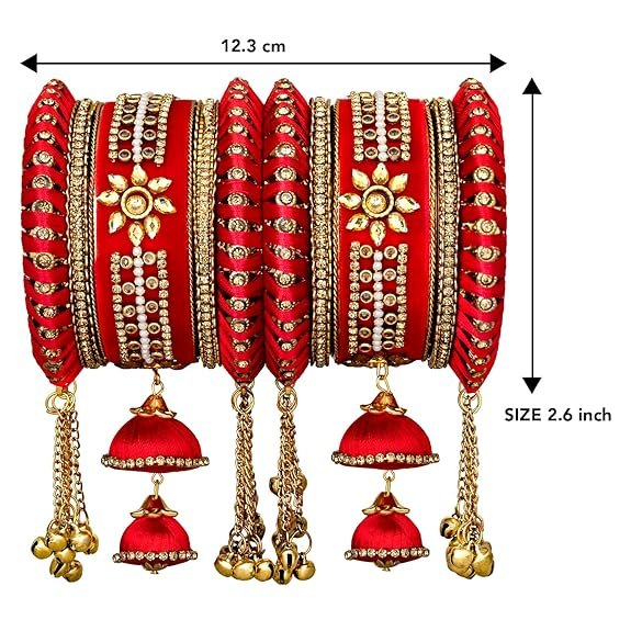 Peora Velvet Matching Kundan Floral Silk Thread Chura Bangle Set for Women Girls 2.6 inch Red - Image 4