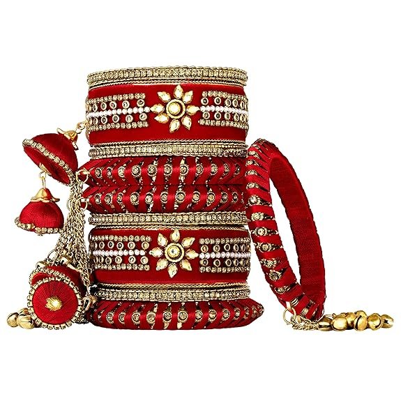 Peora Velvet Matching Kundan Floral Silk Thread Chura Bangle Set for Women Girls 2.6 inch Red - Image 3