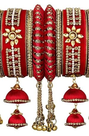 Peora Velvet Matching Kundan Floral Silk Thread Chura Bangle Set for Women Girls 2.6 inch Red