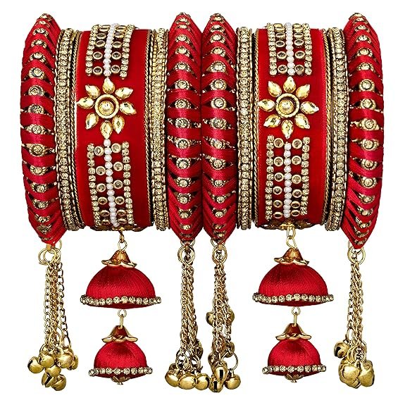 Peora Velvet Matching Kundan Floral Silk Thread Chura Bangle Set for Women Girls 2.6 inch Red