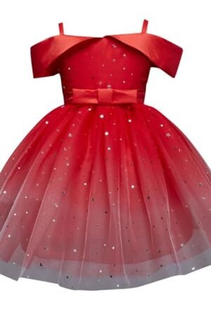 Hopscotch Girl's Fit and Flare Knee Length Cotton and Polyester Cold Shoulder Sleeves Sequin Party Dress