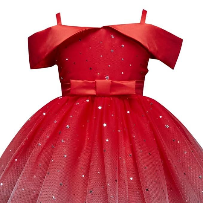 Hopscotch Girl's Fit and Flare Knee Length Cotton and Polyester Cold Shoulder Sleeves Sequin Party Dress - Image 3