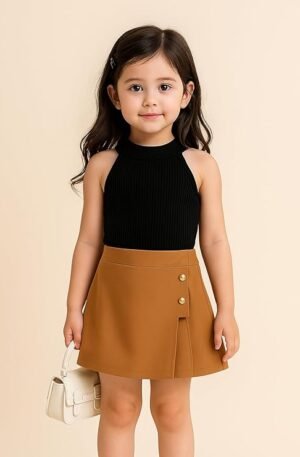 Girls Halter Neck Ribbed Top with A-line Skirt Set